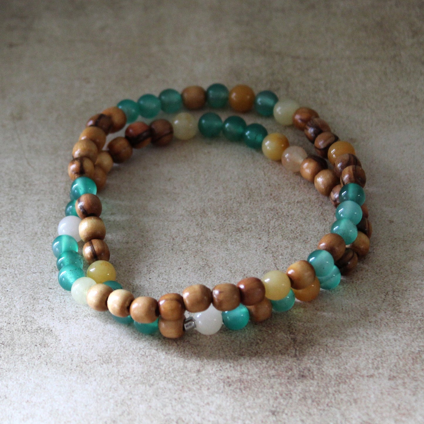 Earthy Double-Strand Stretch Bracelet, Olive Wood & A Beautiful Combination of Jade Beads