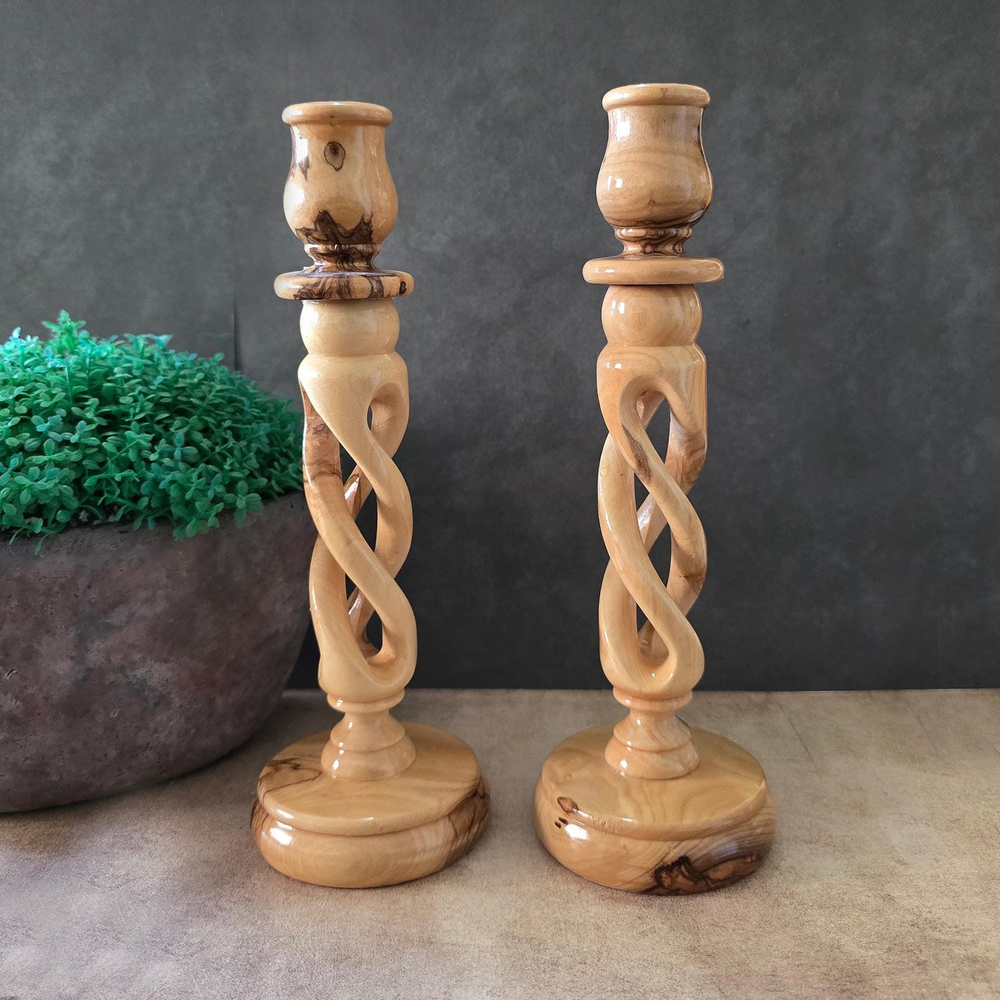 Pair of 9" Olive Wood Candle Holders, Table Decoration, Candlesticks, Wedding Candles Holders, Candle Centerpieces