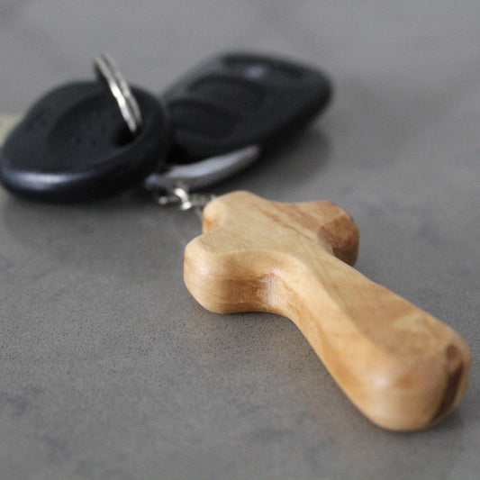 Two Christian Comfort Cross Keychain, Handmade Olive Wood Keychain Made in Jerusalem Holyland, Wooden Cross Keychain Gift, Religious gift