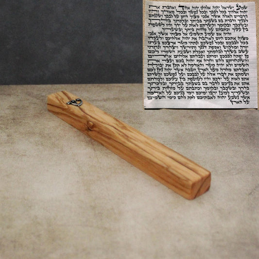 17cm / 6.69" Olive Wood Mezuzah Case from Jerusalem With the Letter "SHIN" in Silver, Gift for Jewish Housewarming, Scroll Up to 15cm / 5.9"