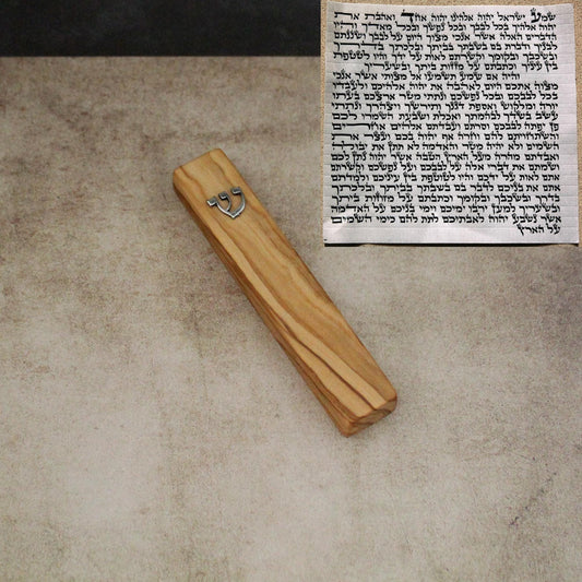 12cm / 4.7" Olive Wood Mezuzah Case from Jerusalem With the Letter "SHIN" in Silver, Gift for Jewish Housewarming, Scroll Up to 10cm / 3.93"