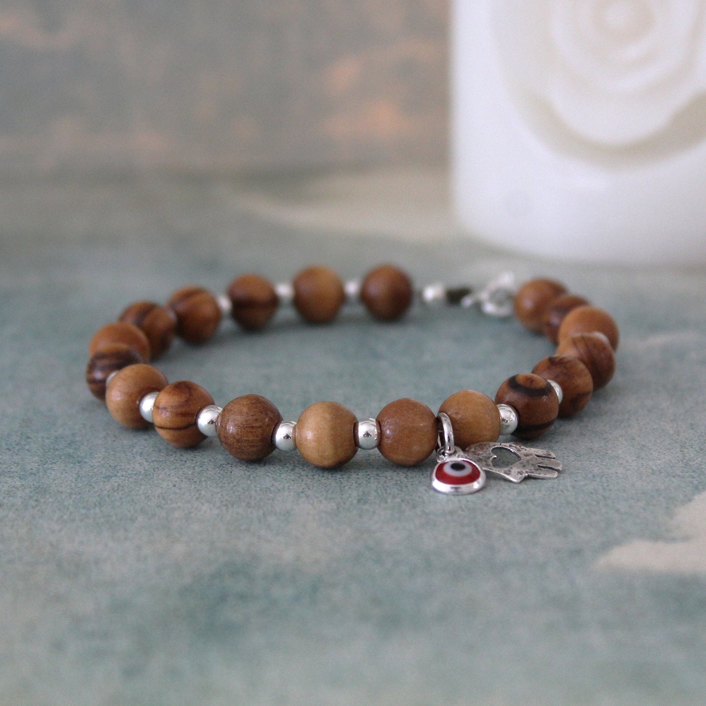 Spiritual Harmony: Handcrafted Olive Wood Charm Bracelet for Energy, Protection & Meditation - Boho Hamsa Design with Red Evil Eye