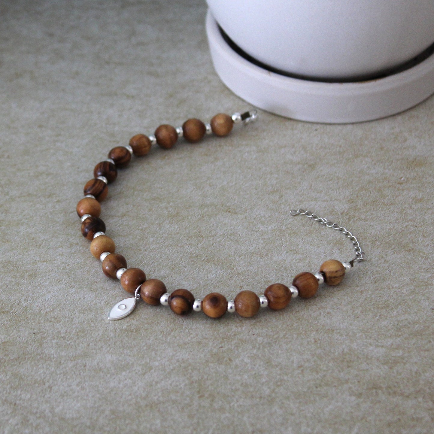 925 Silver Beads with White Fish, Olive Wood Beads Round Bracelet, Trendy Bracelet for Mother's Day, Christmas Gift