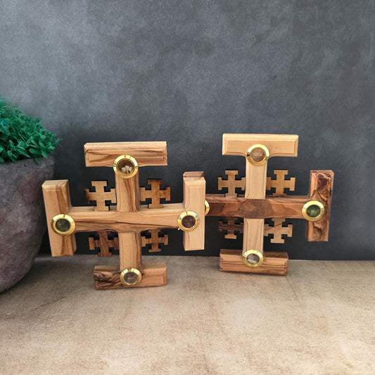 A Pair of 4.3" Jerusalem Crosses Made of Olive Wood in Jerusalem The Holy Land, Perfect Wooden Wall Cross for a New Home or fReligious Gift.