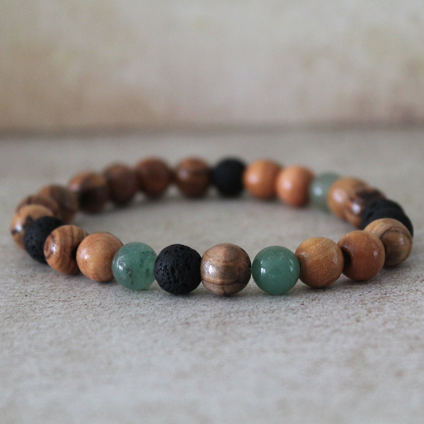 Greenish Jade and Olive Wood Earthy Stretch Bracelet with Black Lava Beads - Handcrafted Judaica Jewelry from Israel
