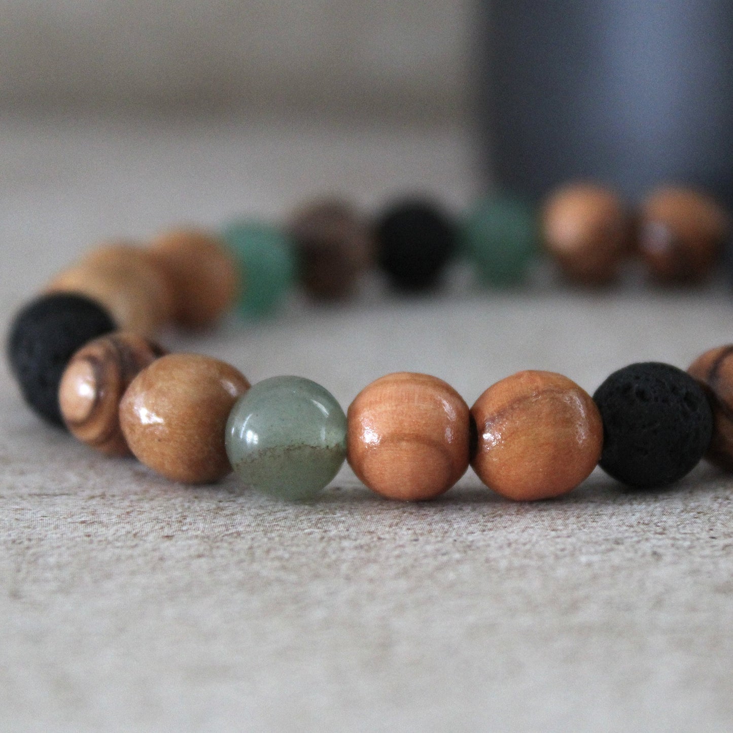 Greenish Jade and Olive Wood Earthy Stretch Bracelet with Black Lava Beads - Handcrafted Judaica Jewelry from Israel