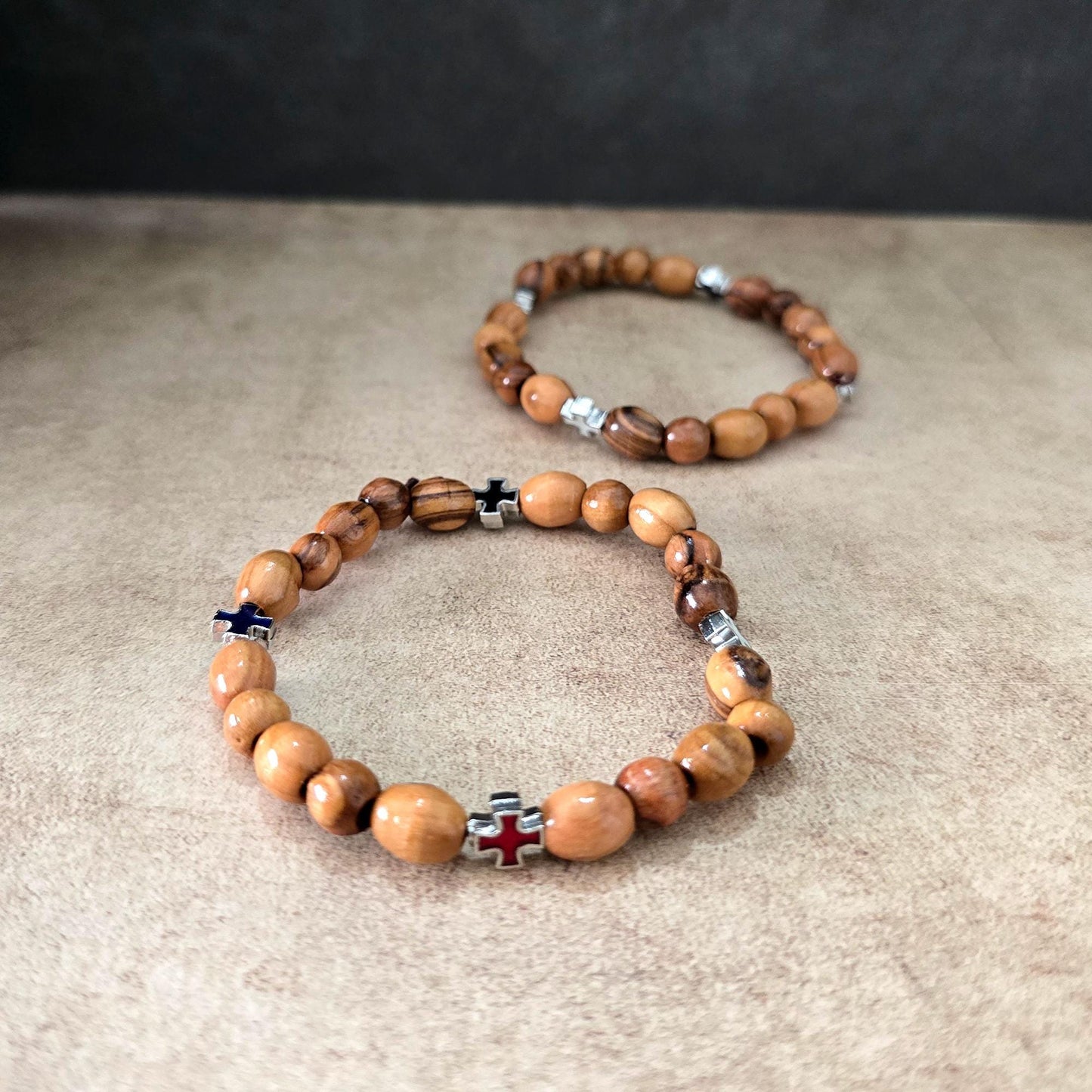 Get Two Olive Wood Handmade Beads Bracelet, Colorful Icons of Crosses, Made in the Holy Land Jerusalem