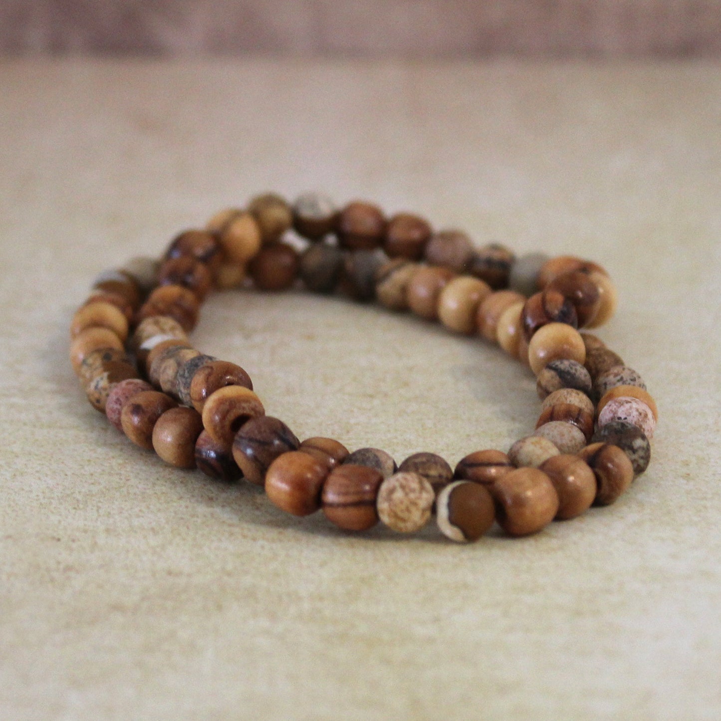 Earthy Double-Strand Stretch Bracelet Made With Jasper and Olive Wood