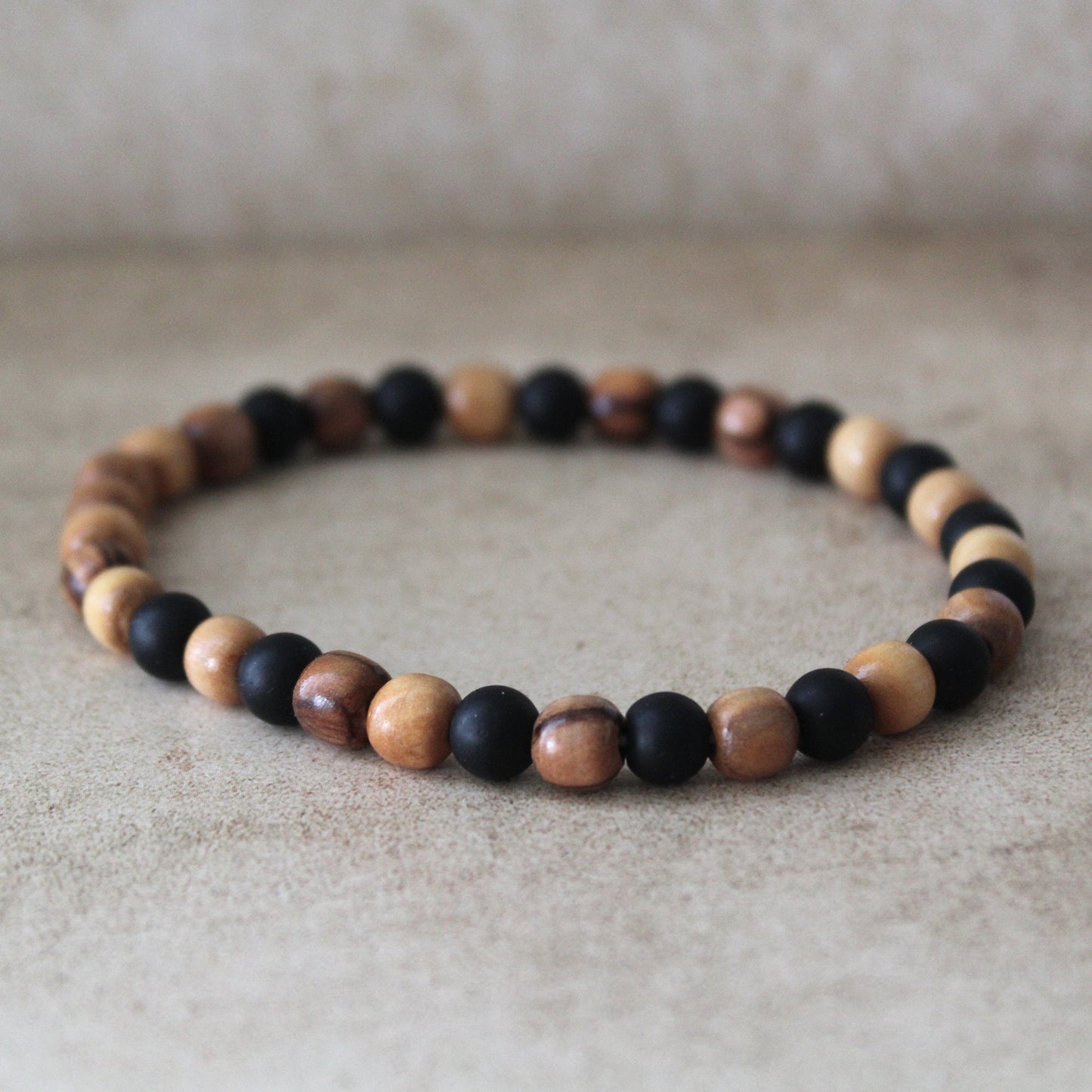 Black Stone and Olive Wood Beads Stretched Bracelet for Men  - Handcrafted Judaica Jewelry