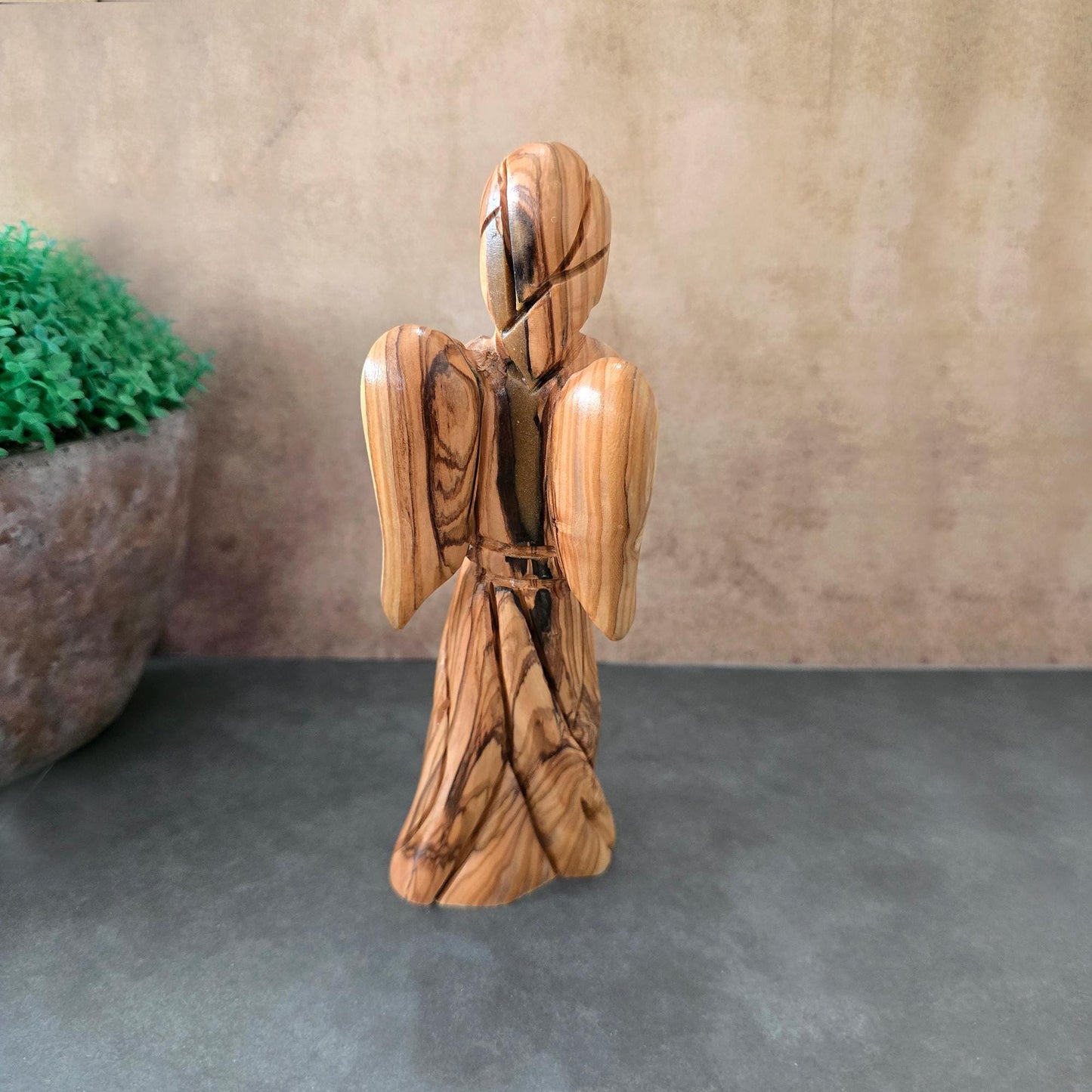 Handmade Olive Wood of a Faceless Praying Angel, Handmade Wooden Statue Made in Holy Land, Catholic Christmas Handheld Angel for protection