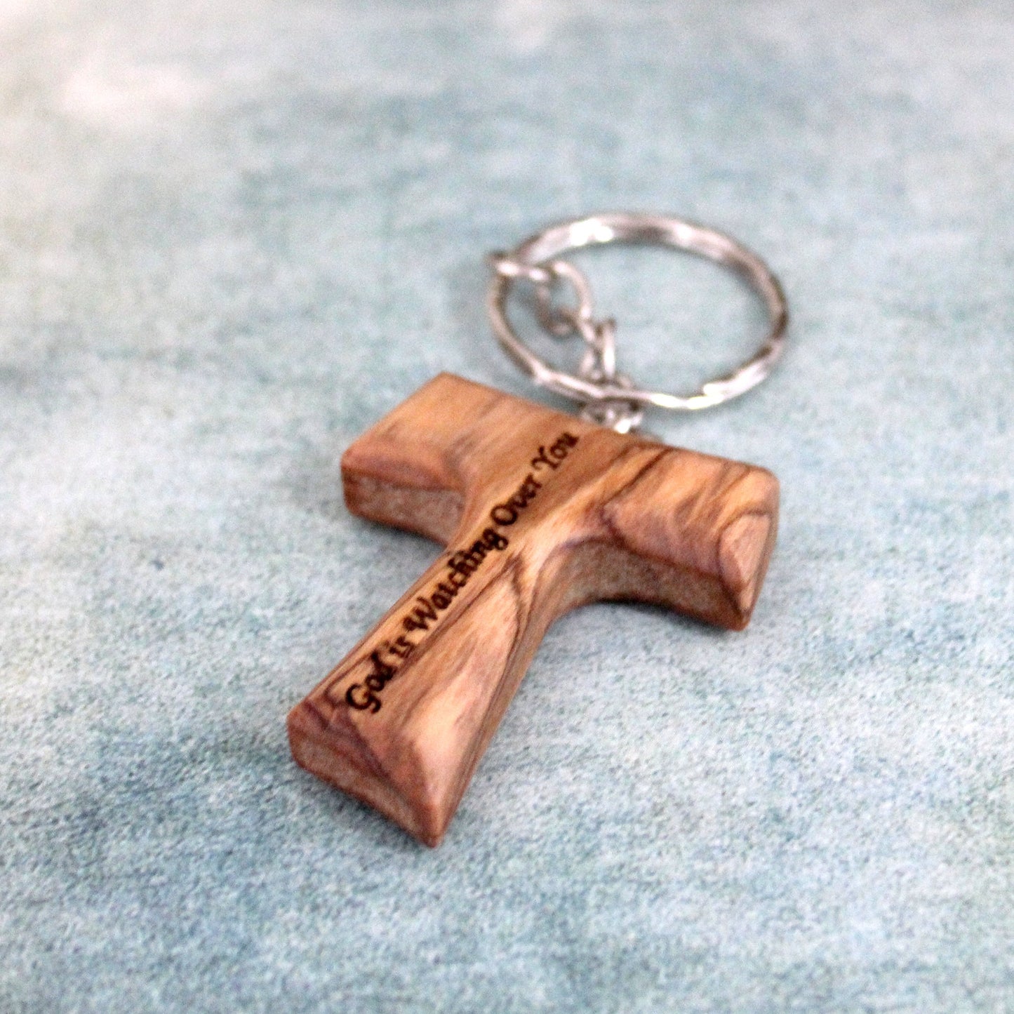 Personalized Handmade Tau Cross Keychain, Olive Wood Christian Keychain, Made in Jerusalem Holy Land, Wooden Cross Unique Keychain Gift