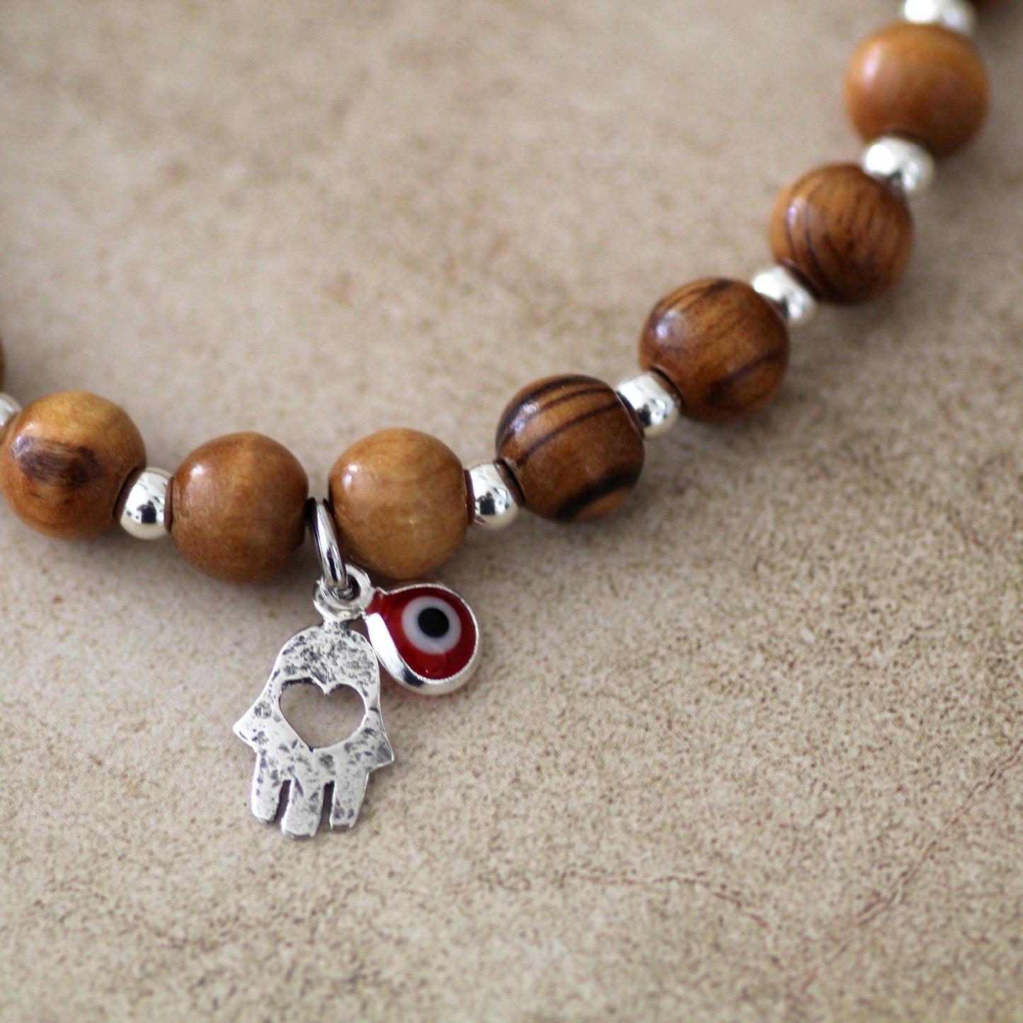 Spiritual Harmony: Handcrafted Olive Wood Charm Bracelet for Energy, Protection & Meditation - Boho Hamsa Design with Red Evil Eye