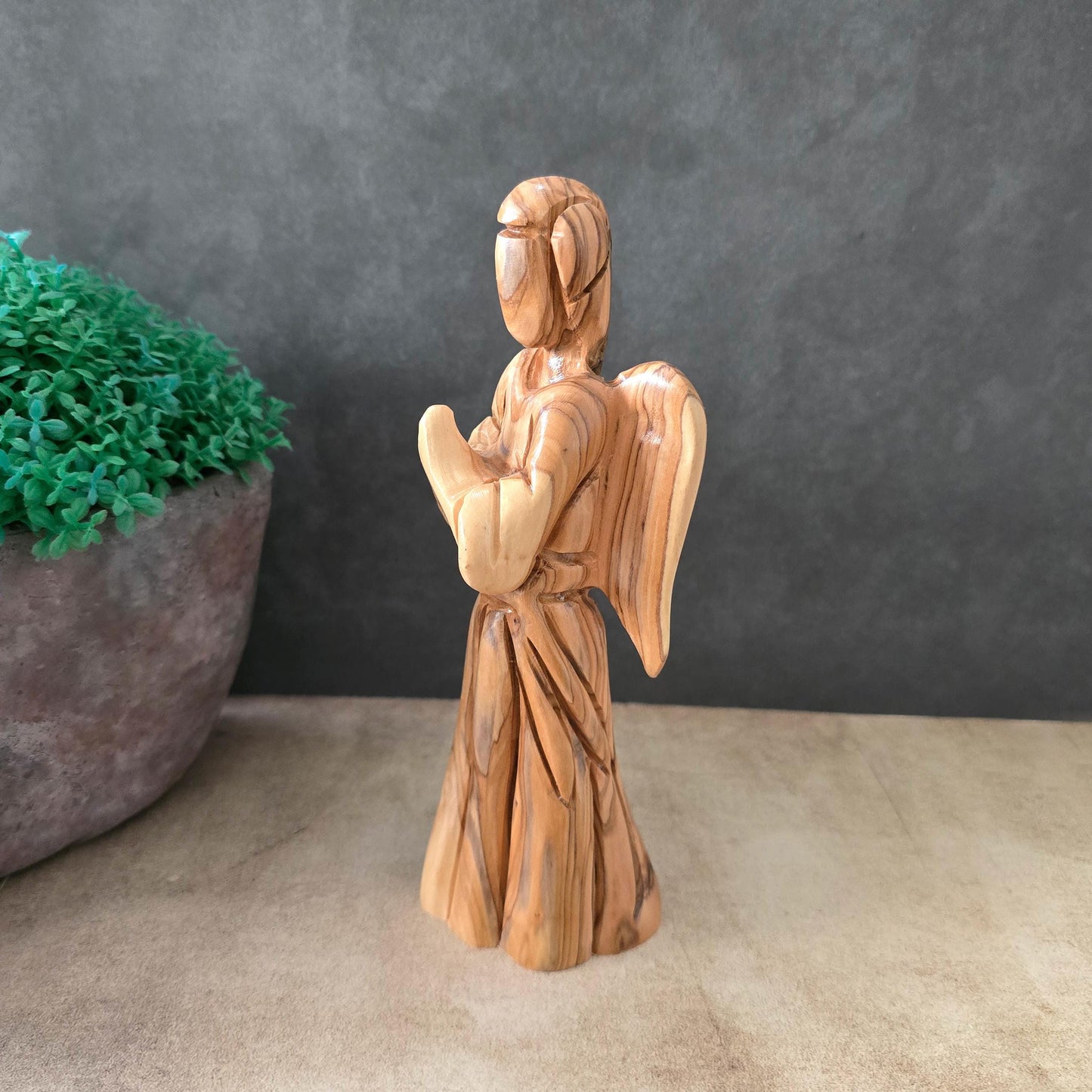 Handmade Olive Wood of a Faceless Praying Angel, Handmade Wooden Statue Made in Holy Land, Catholic Christmas Handheld Angel for protection