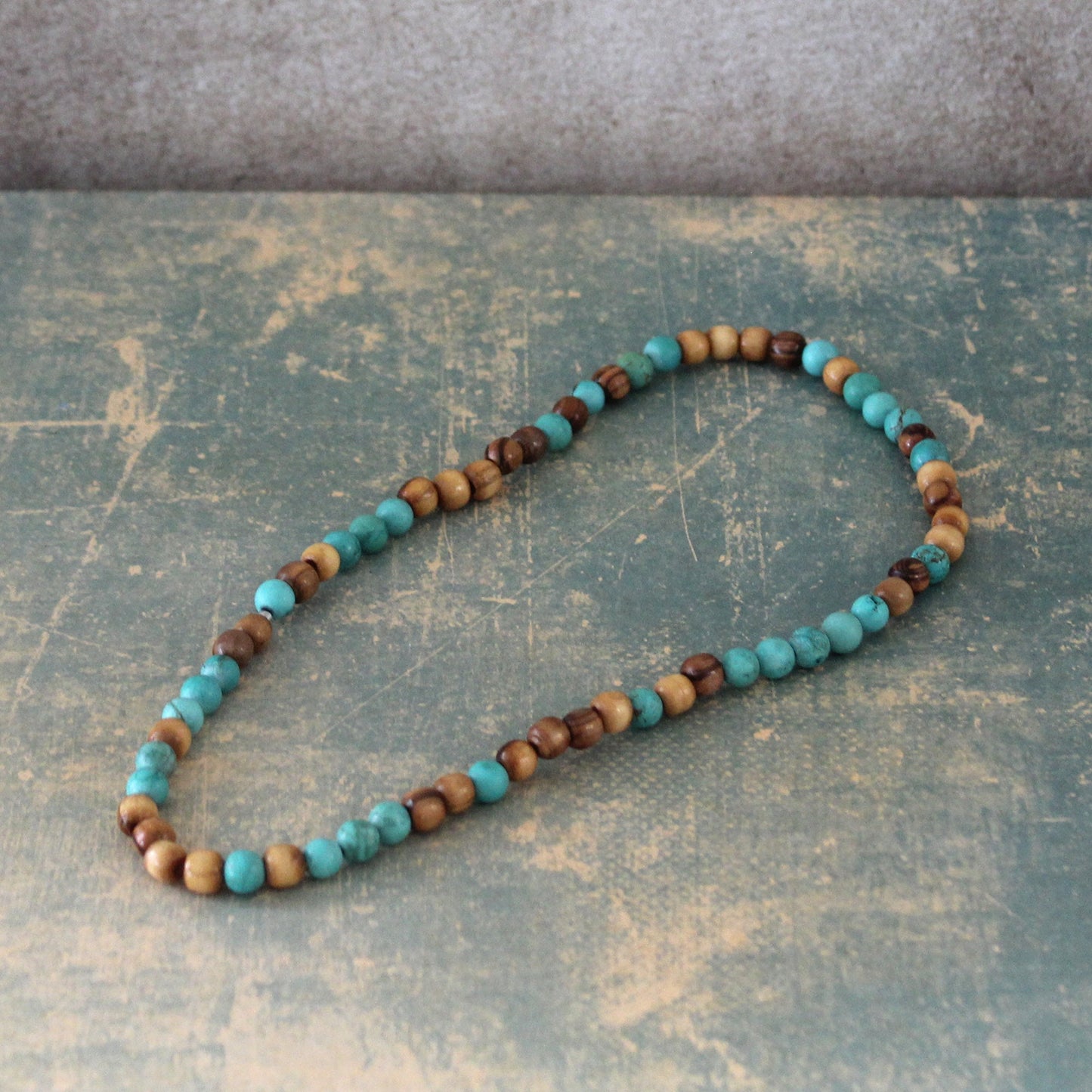 Earthy Double-Strand Stretch Bracelet, Olive Wood & Turquoise Stones