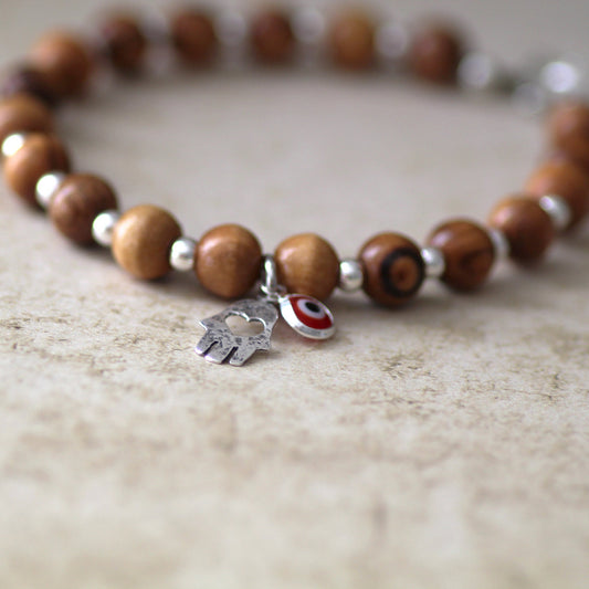 Spiritual Harmony: Handcrafted Olive Wood Charm Bracelet for Energy, Protection & Meditation - Boho Hamsa Design with Red Evil Eye