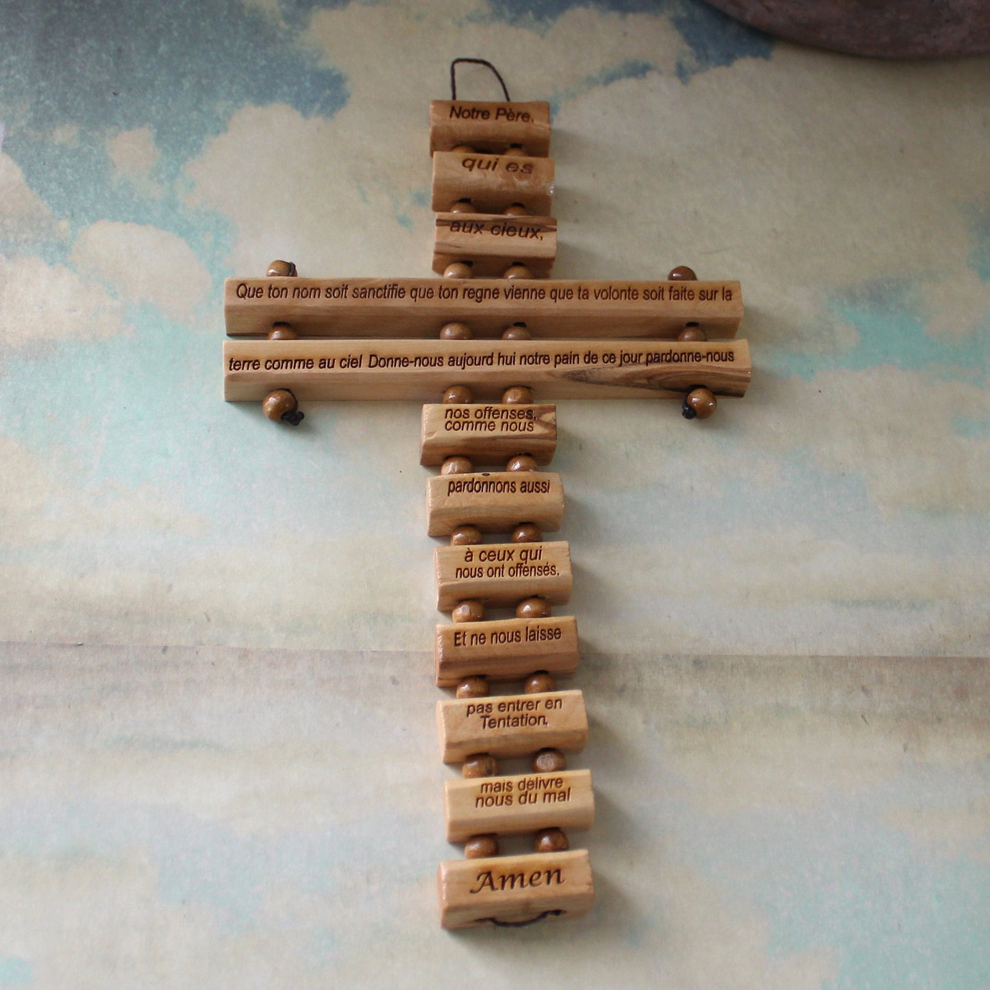 Our Father Prayer in French Engraved, Handmade Olive Wood Cross Wall Hanging, Wooden Blessing Cross for Wedding and Anniversary Gift