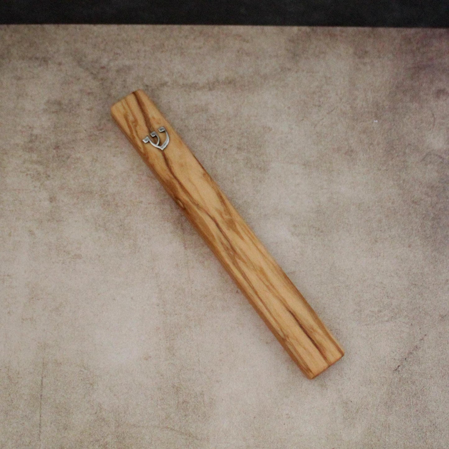 17cm / 6.69" Olive Wood Mezuzah Case from Jerusalem With the Letter "SHIN" in Silver, Gift for Jewish Housewarming, Scroll Up to 15cm / 5.9"
