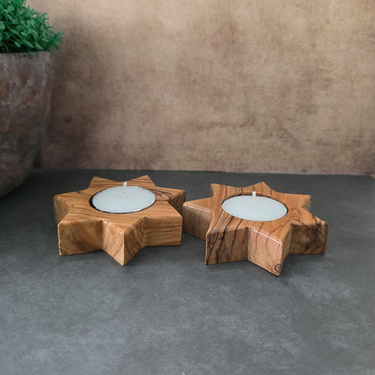 Pair of Handmade 7 Point Star Tealight Holders, Wooden Candle Holders, Hand Crafted Olive Wood Candle Holders, Hand Made Gift Home Decor