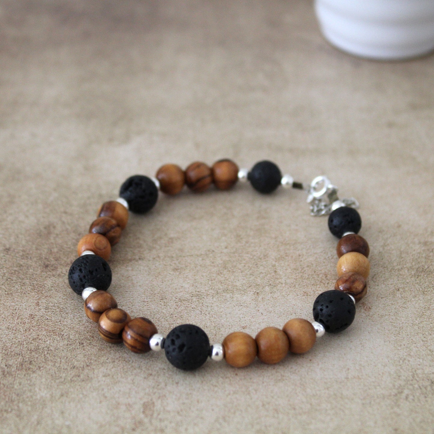 Olive Wood Beads & Black Volcanic Lava Stone Bracelet with Sterling Silver Accents - Handcrafted Statement Jewelry