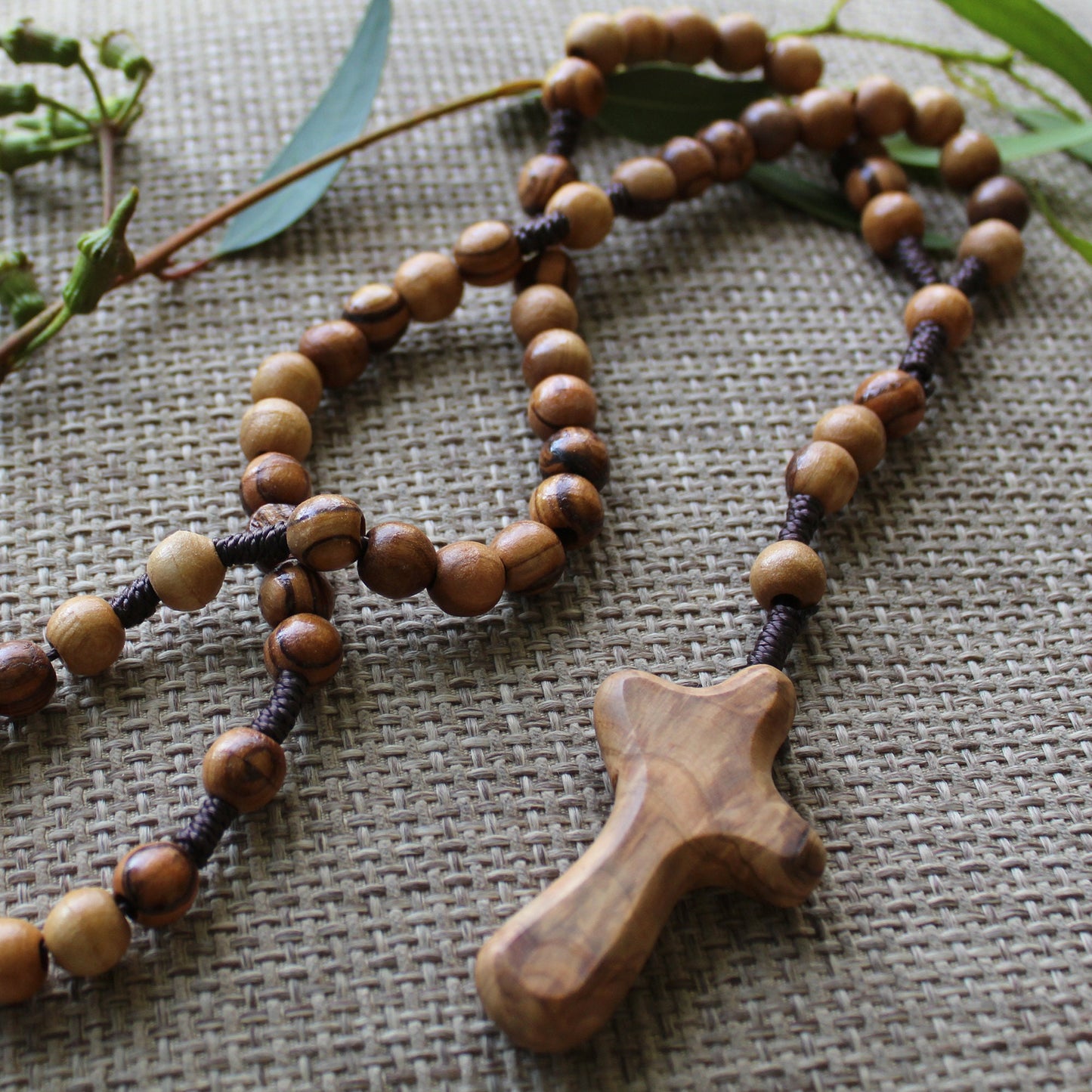 Get Two 9-10mm Beads, Olive Wood Cross Beaded Necklace, Handmade Smooth Round Prayer Beads, Holy Land Gift for Her, Rosary Necklace