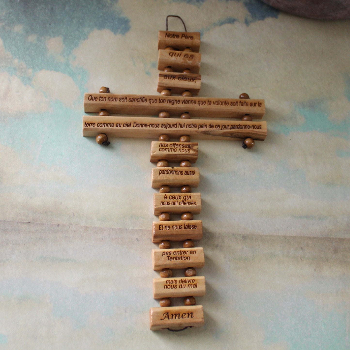 Our Father Prayer in French Engraved, Handmade Olive Wood Cross Wall Hanging, Wooden Blessing Cross for Wedding and Anniversary Gift