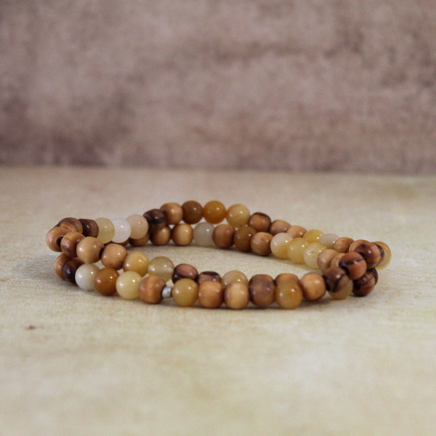 Earthy Double-Strand Stretch Bracelet, Olive Wood, and Yellowish Jade Beads