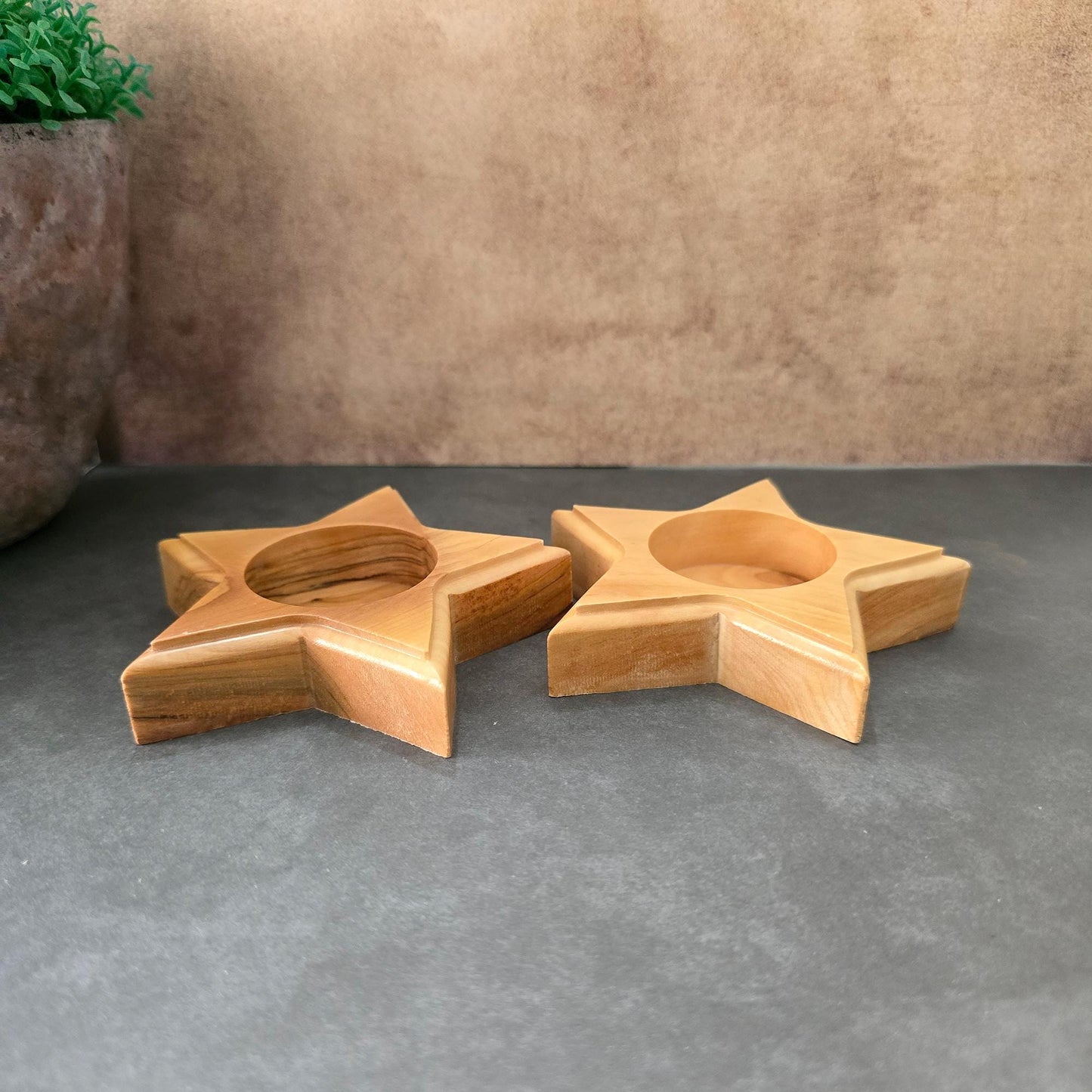 Pair or Handmade 5 Point Star Tealight Holders, Wooden Candle Holders, Hand Crafted Olive Wood Candle Holders, Hand Made Gift Home Decor