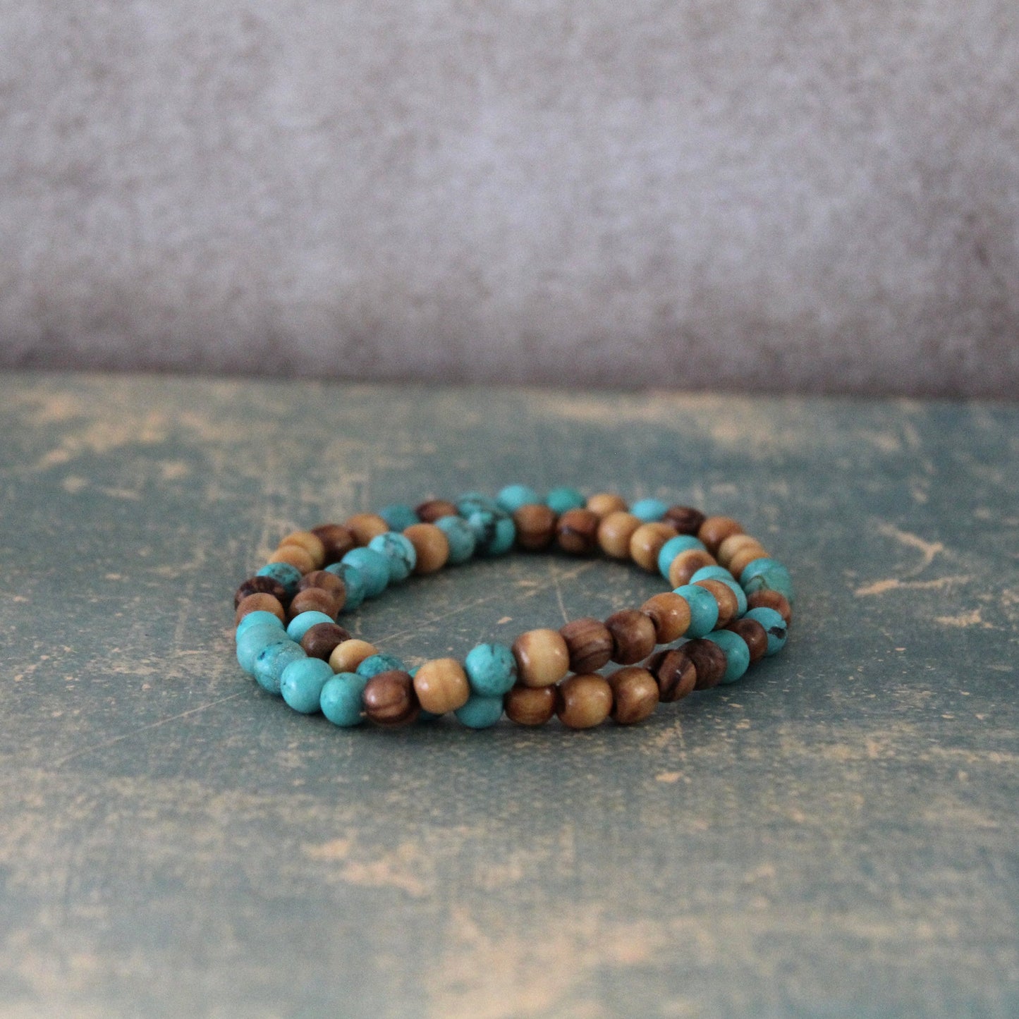 Earthy Double-Strand Stretch Bracelet, Olive Wood & Turquoise Stones