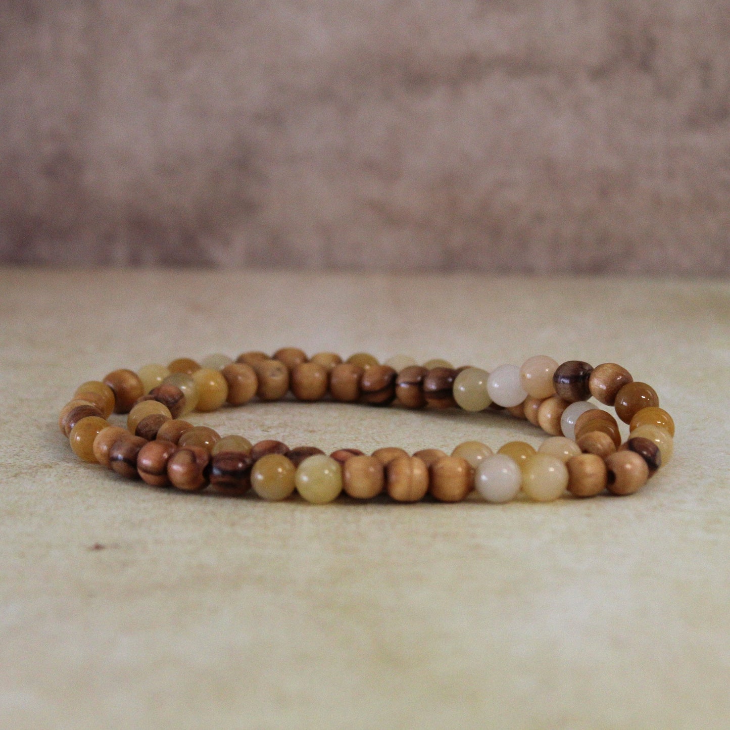 Earthy Double-Strand Stretch Bracelet, Olive Wood, and Yellowish Jade Beads