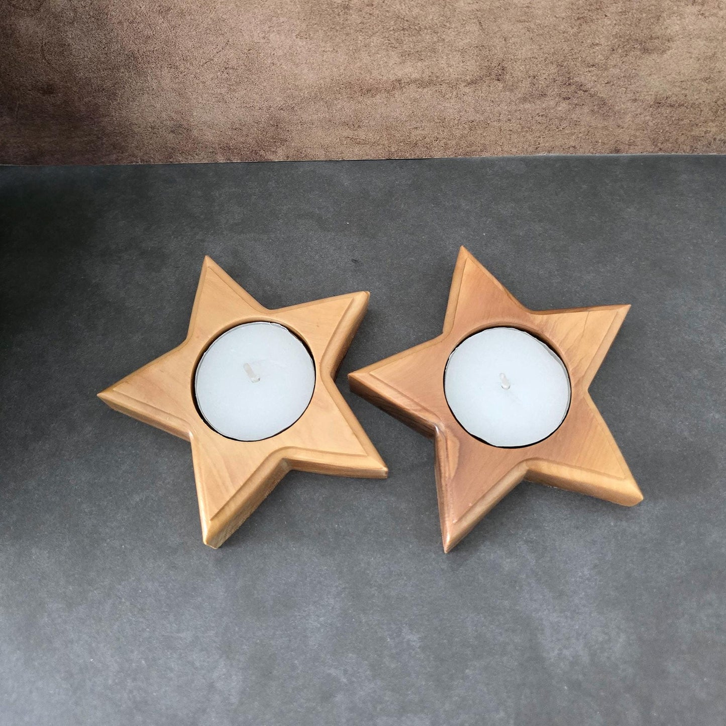 Pair or Handmade 5 Point Star Tealight Holders, Wooden Candle Holders, Hand Crafted Olive Wood Candle Holders, Hand Made Gift Home Decor