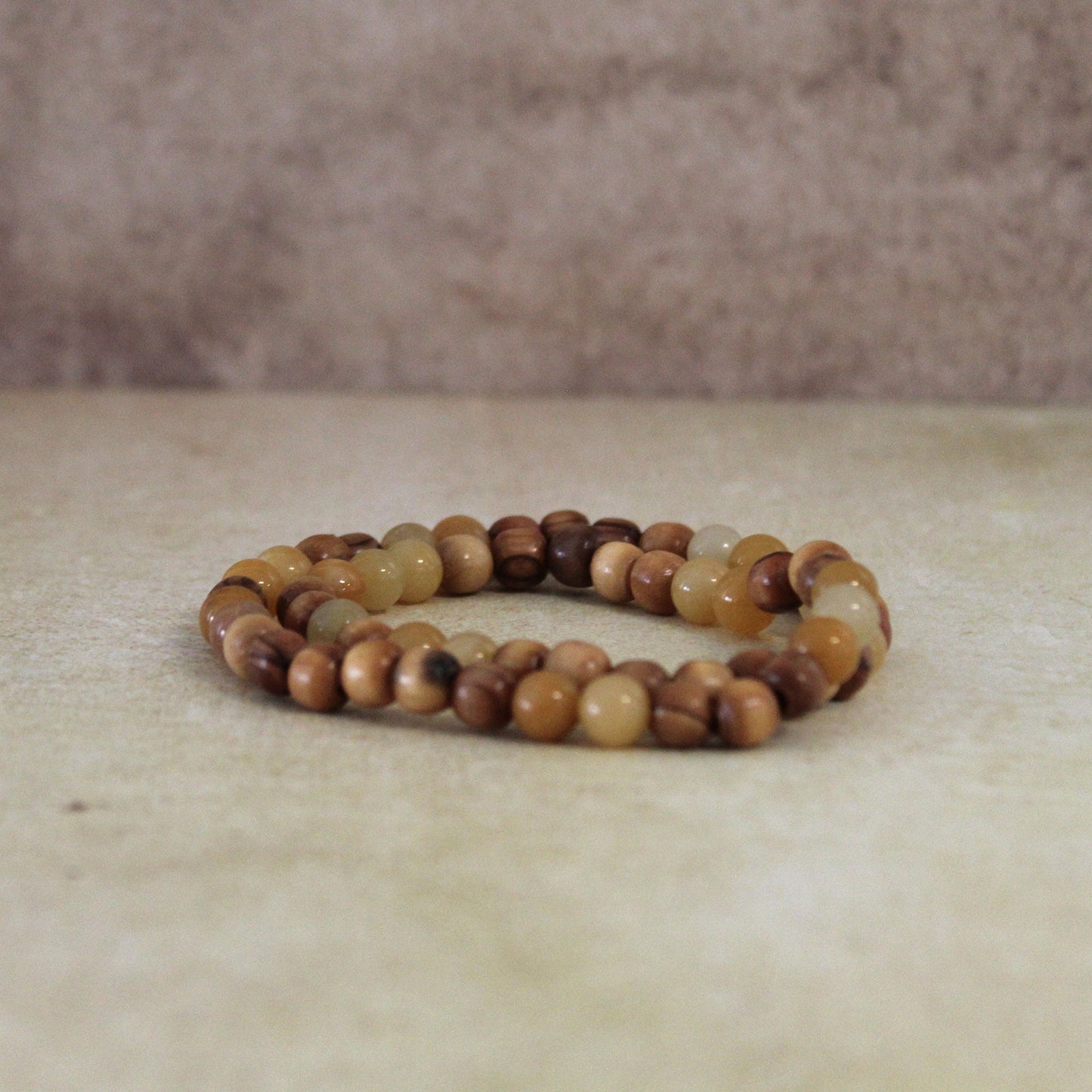 Earthy Double-Strand Stretch Bracelet, Olive Wood, and Yellowish Jade Beads