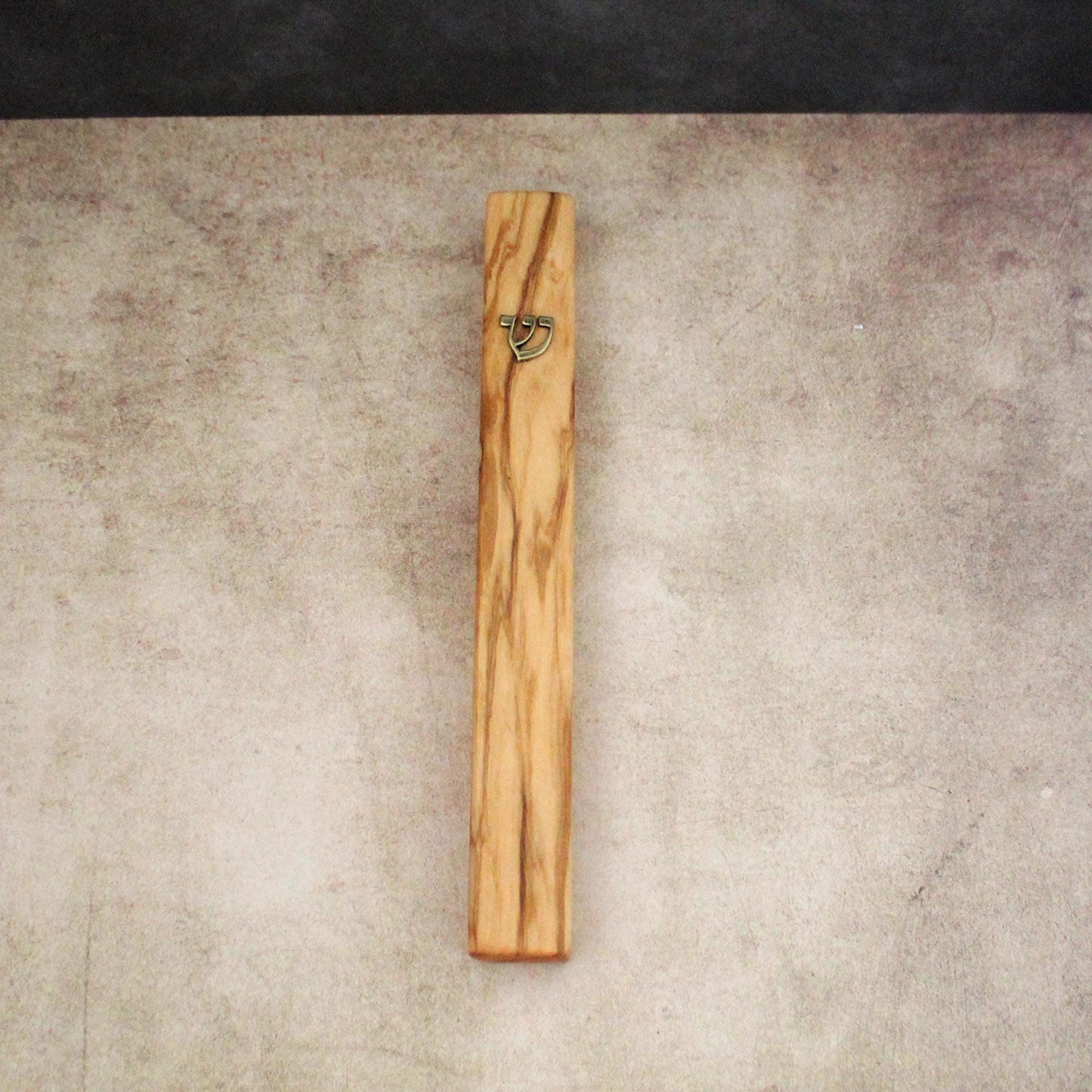 17cm / 6.69" Olive Wood Mezuzah Case from Jerusalem With the Letter "SHIN" in Bronze, Gift for Jewish Housewarming, Scroll Up to 15cm / 5.9"