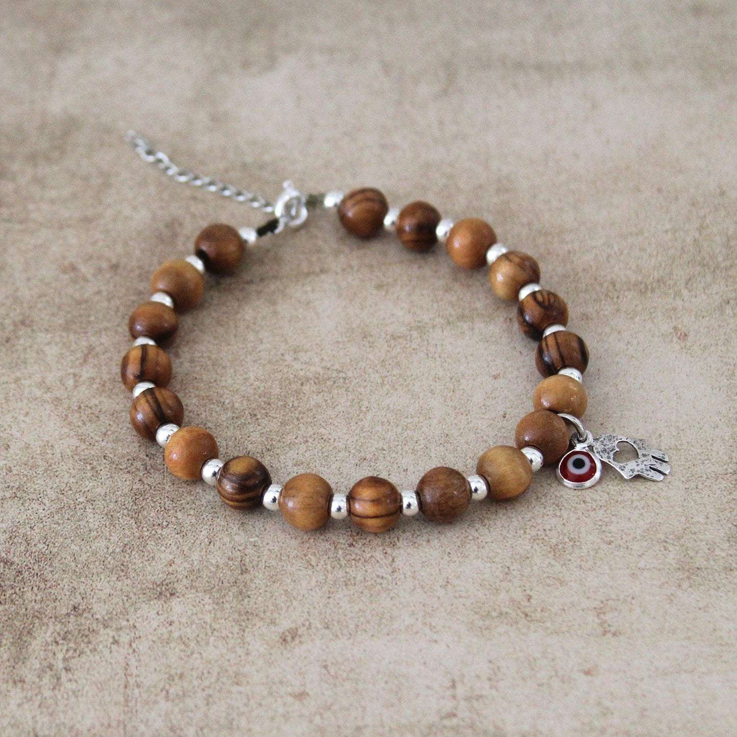 Spiritual Harmony: Handcrafted Olive Wood Charm Bracelet for Energy, Protection & Meditation - Boho Hamsa Design with Red Evil Eye