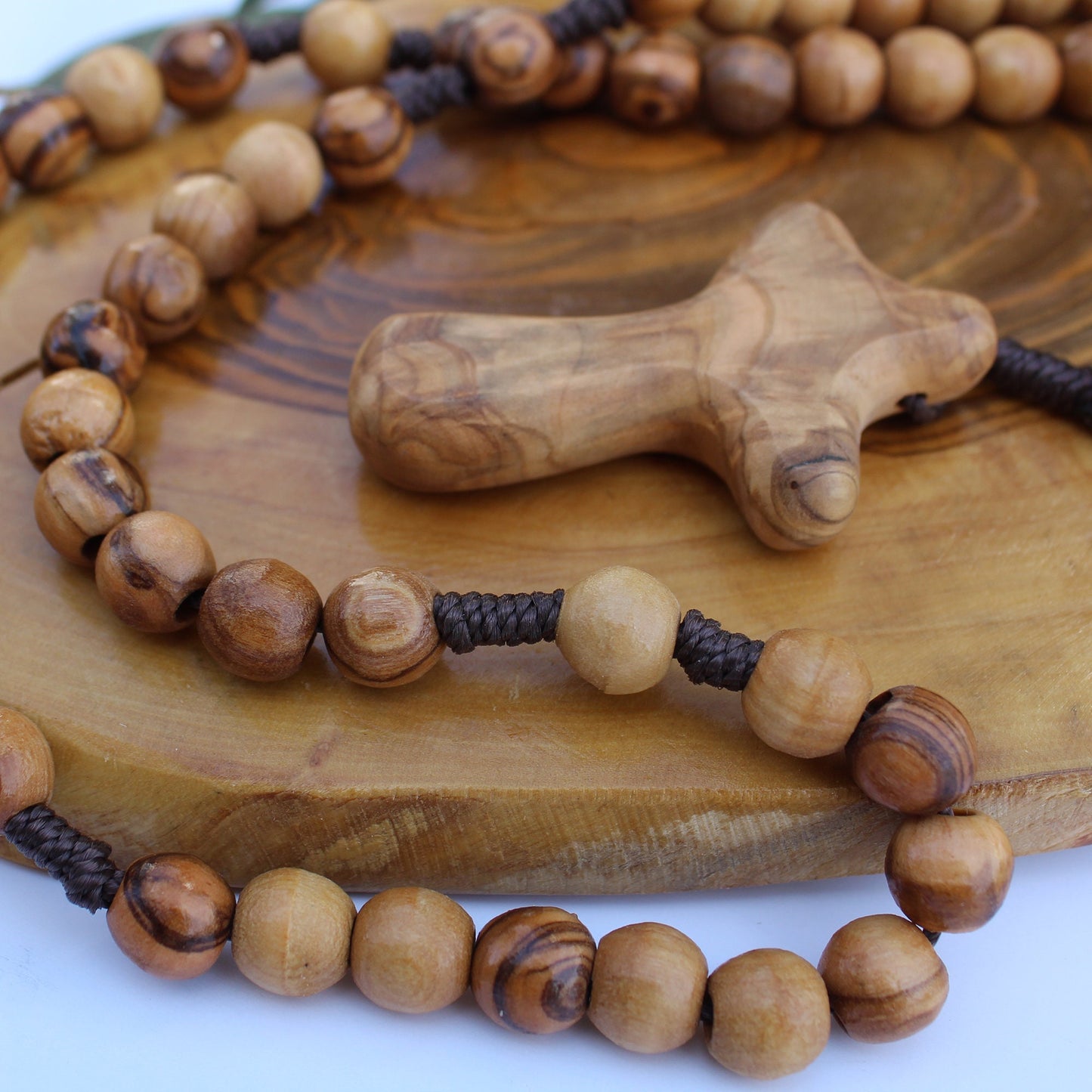 Get Two 9-10mm Beads, Olive Wood Cross Beaded Necklace, Handmade Smooth Round Prayer Beads, Holy Land Gift for Her, Rosary Necklace