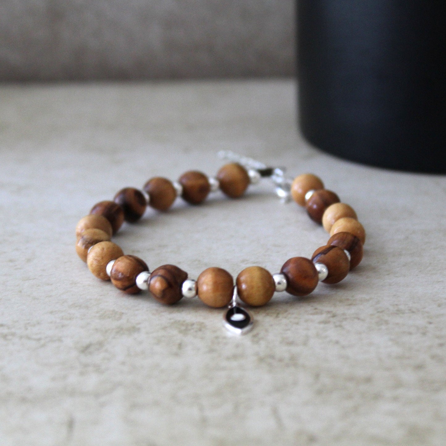 925 Silver and Olive Wood Beaded Bracelet with Black Fish Charm - Handcrafted Statement Jewelry