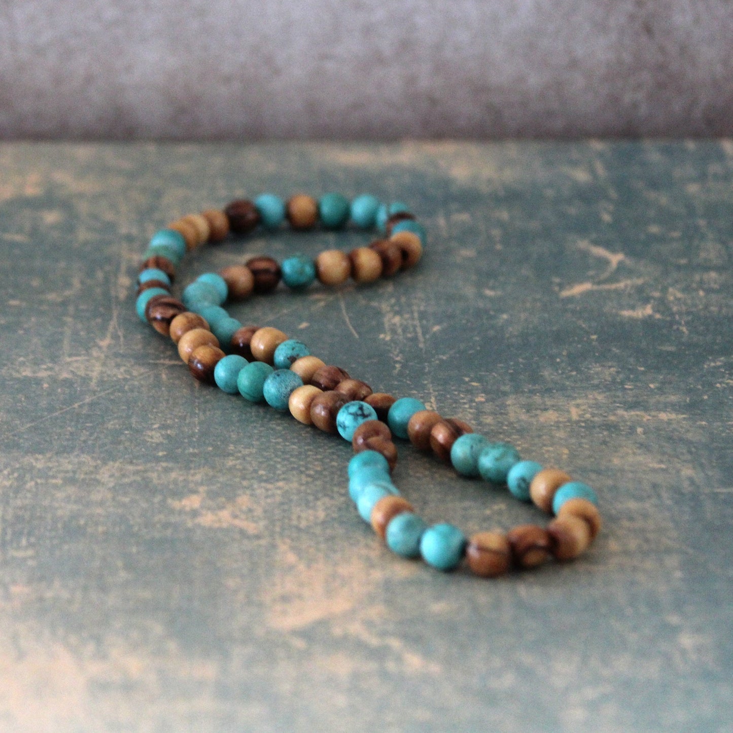 Earthy Double-Strand Stretch Bracelet, Olive Wood & Turquoise Stones