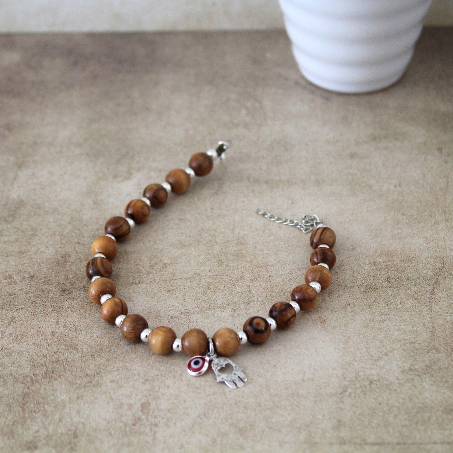 Spiritual Harmony: Handcrafted Olive Wood Charm Bracelet for Energy, Protection & Meditation - Boho Hamsa Design with Red Evil Eye