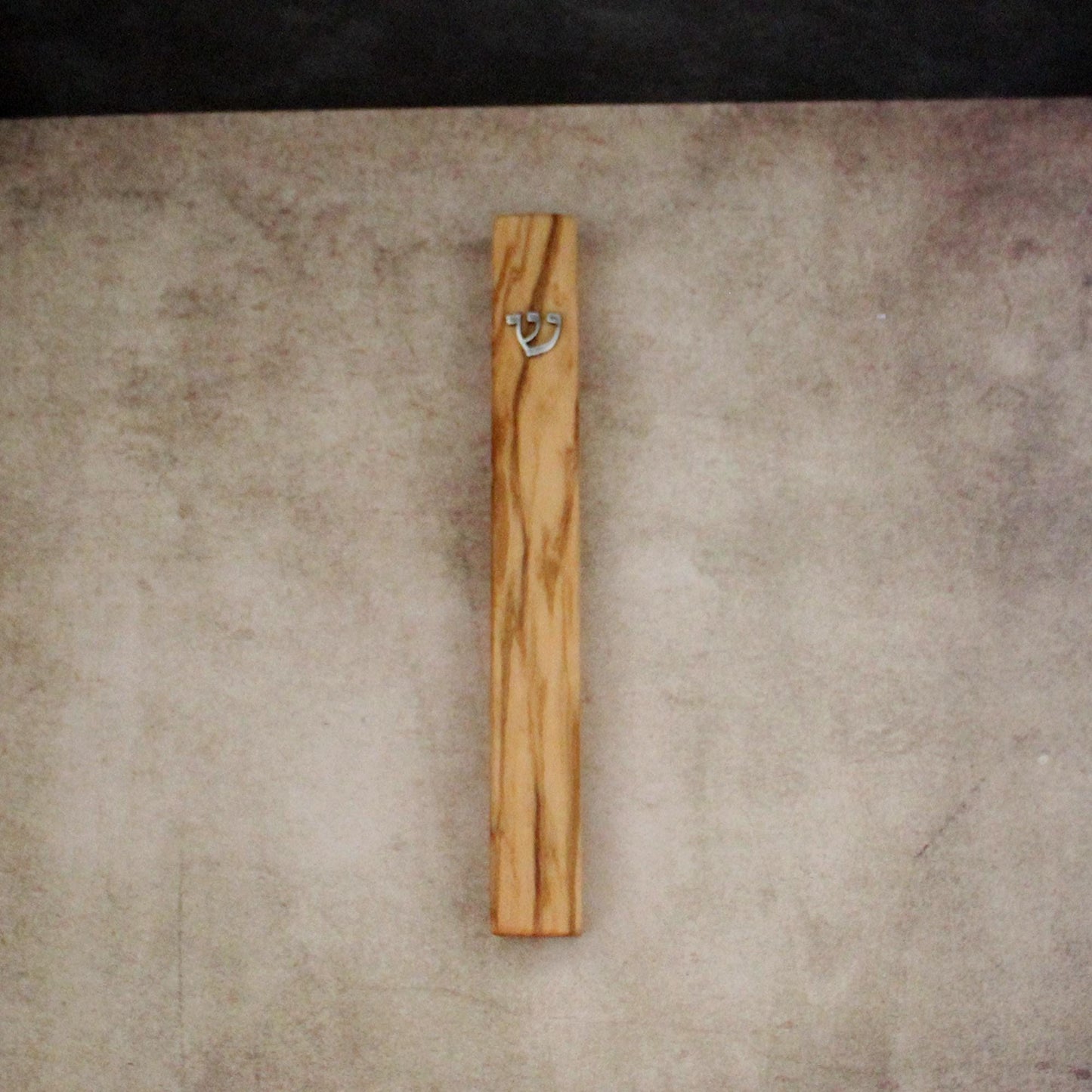 17cm / 6.69" Olive Wood Mezuzah Case from Jerusalem With the Letter "SHIN" in Silver, Gift for Jewish Housewarming, Scroll Up to 15cm / 5.9"