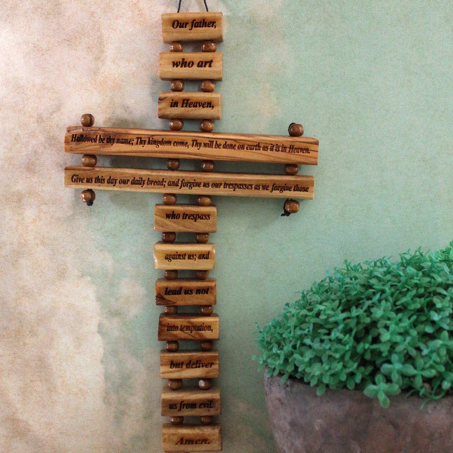 Handmade Olive Wood Cross of The Lord's Prayer, Our Father Lord's Prayer engraved, Wooden Crucifix from the Holy Land