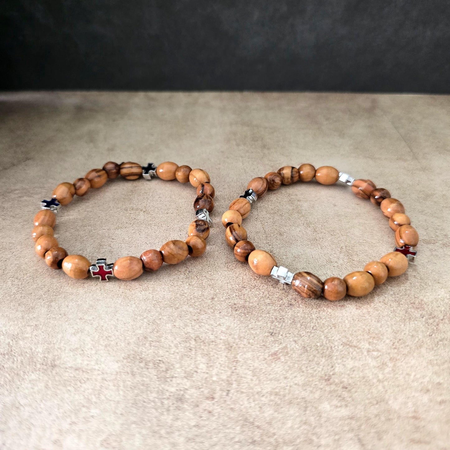 Get Two Olive Wood Handmade Beads Bracelet, Colorful Icons of Crosses, Made in the Holy Land Jerusalem