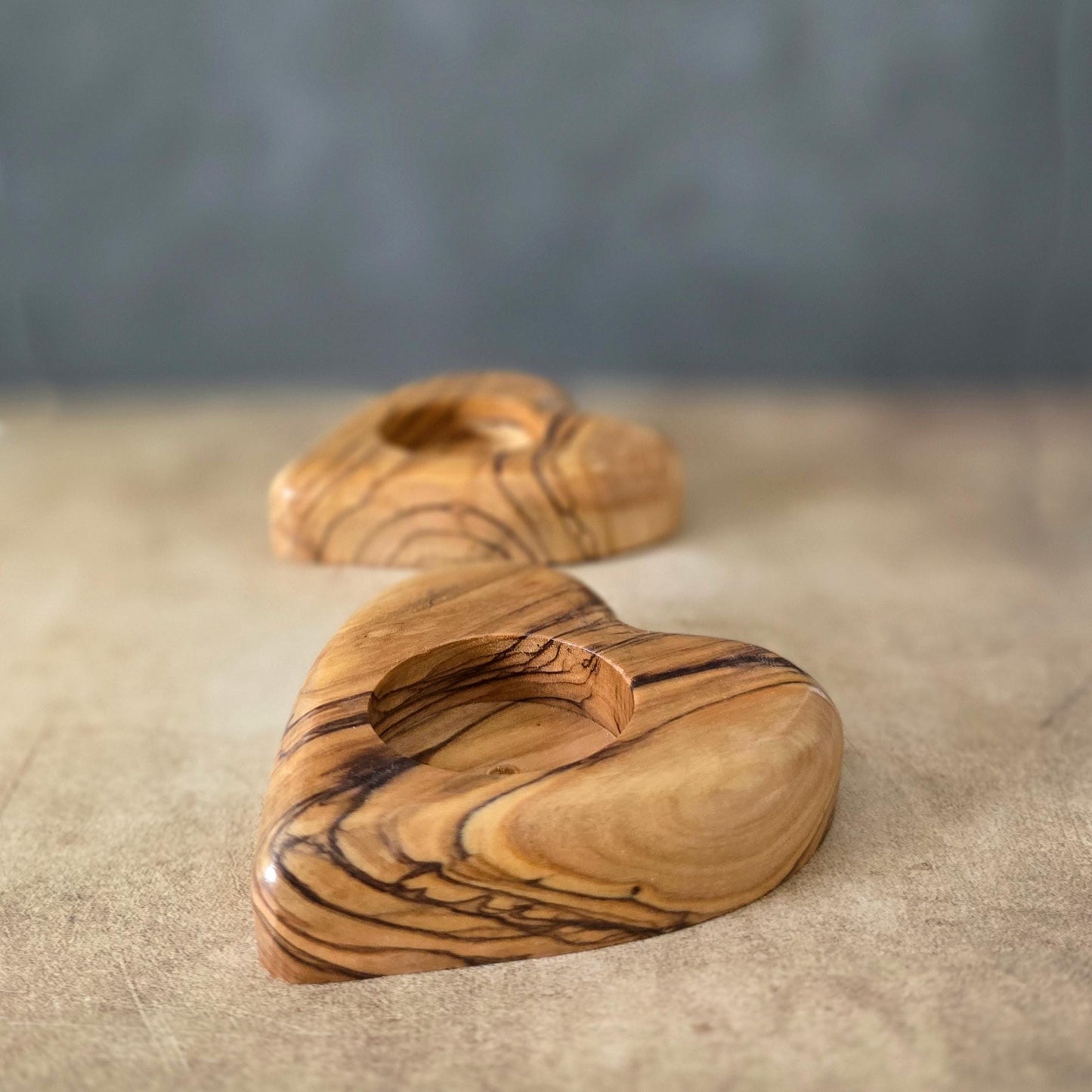 Get 2 Hearts Shape Tealight, Handmade Wooden Candle Holder From Olive Wood, Hand Carved Tealight Holder, Handmade in the Holyland Jerusalem