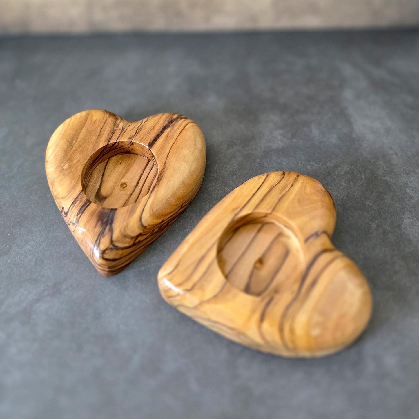 Get 2 Hearts Shape Tealight, Handmade Wooden Candle Holder From Olive Wood, Hand Carved Tealight Holder, Handmade in the Holyland Jerusalem