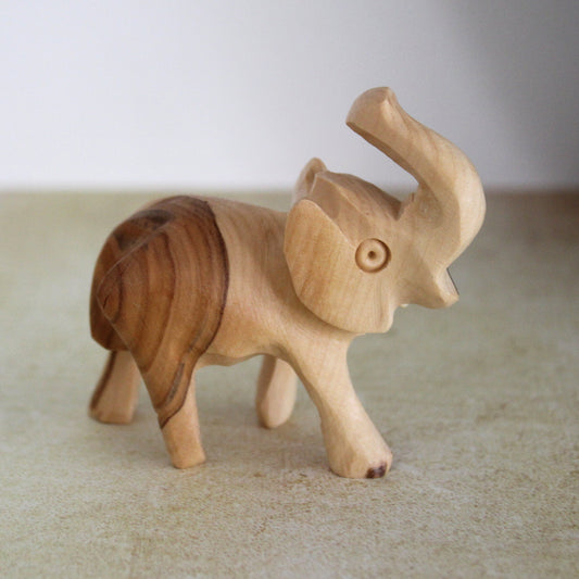 3.7" Hand-Carved Olive Wood Elephant Figurines – Made in Jerusalem, Holy Land Craftsmanship for Elegant Home Decor