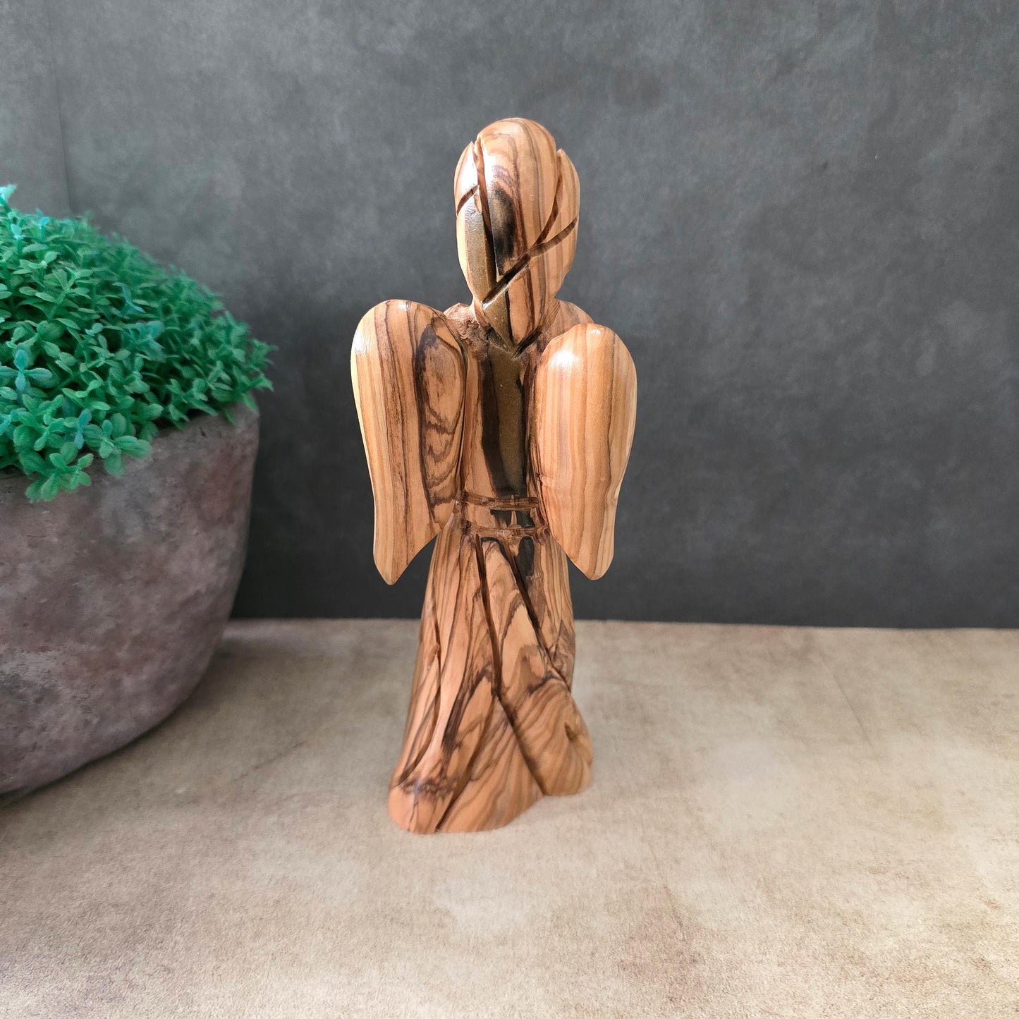 Handmade Olive Wood of a Faceless Praying Angel, Handmade Wooden Statue Made in Holy Land, Catholic Christmas Handheld Angel for protection