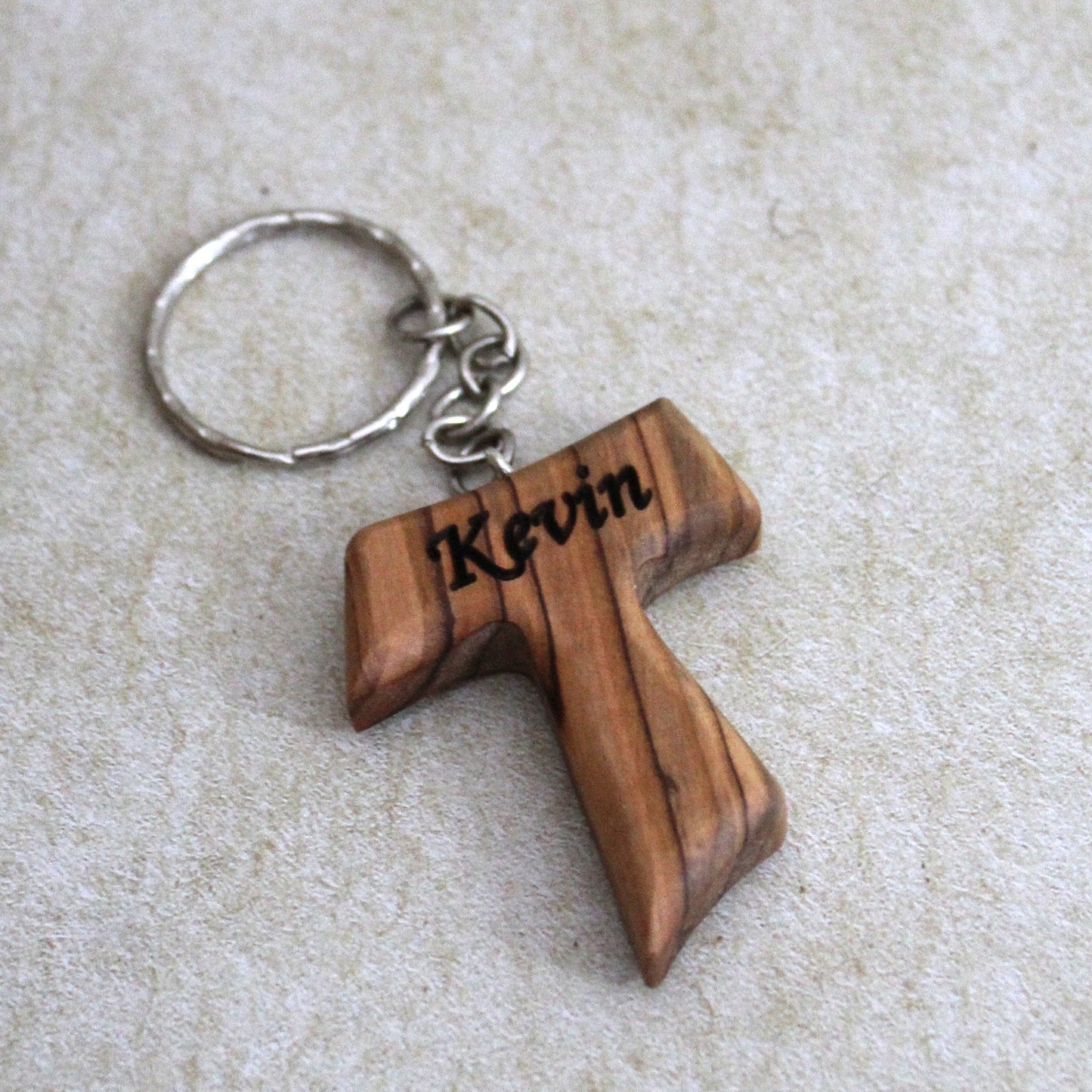 Personalized Handmade Tau Cross Keychain, Olive Wood Christian Keychain, Made in Jerusalem Holy Land, Wooden Cross Unique Keychain Gift