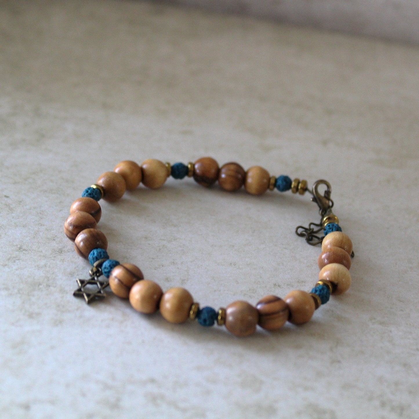 Volcanic Lava Stone Beaded Bracelet, Olive Beads Protection Charm, Star of David Bracelet, Bar Mitzva Gift for him