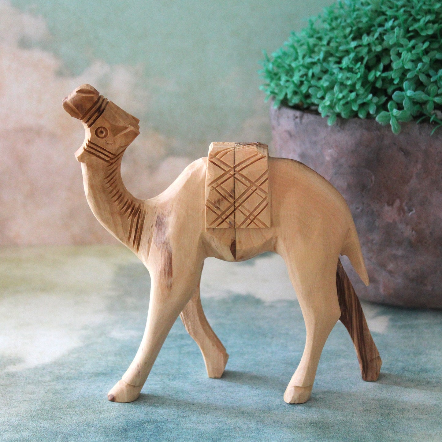 Olive Wood Camel Statue Hand Carved in Holy Land Figurine. Hand Made in Holy Land Jerusalem, 2.5x14 centimeters