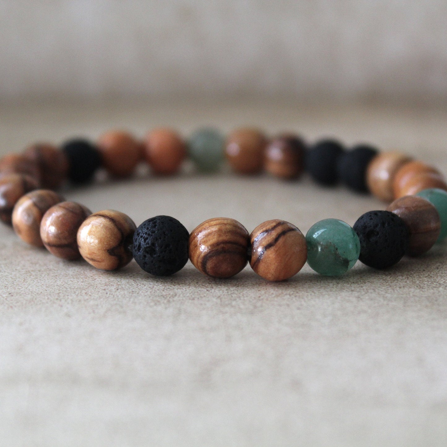 Greenish Jade and Olive Wood Earthy Stretch Bracelet with Black Lava Beads - Handcrafted Judaica Jewelry from Israel