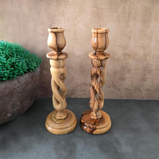 A Pair of 7.4" Exquisite Olive Wood Spiral Candle Stands, Handcrafted in Israel - Rustic Wooden Candle Holder, Elegant Candlestick Holder