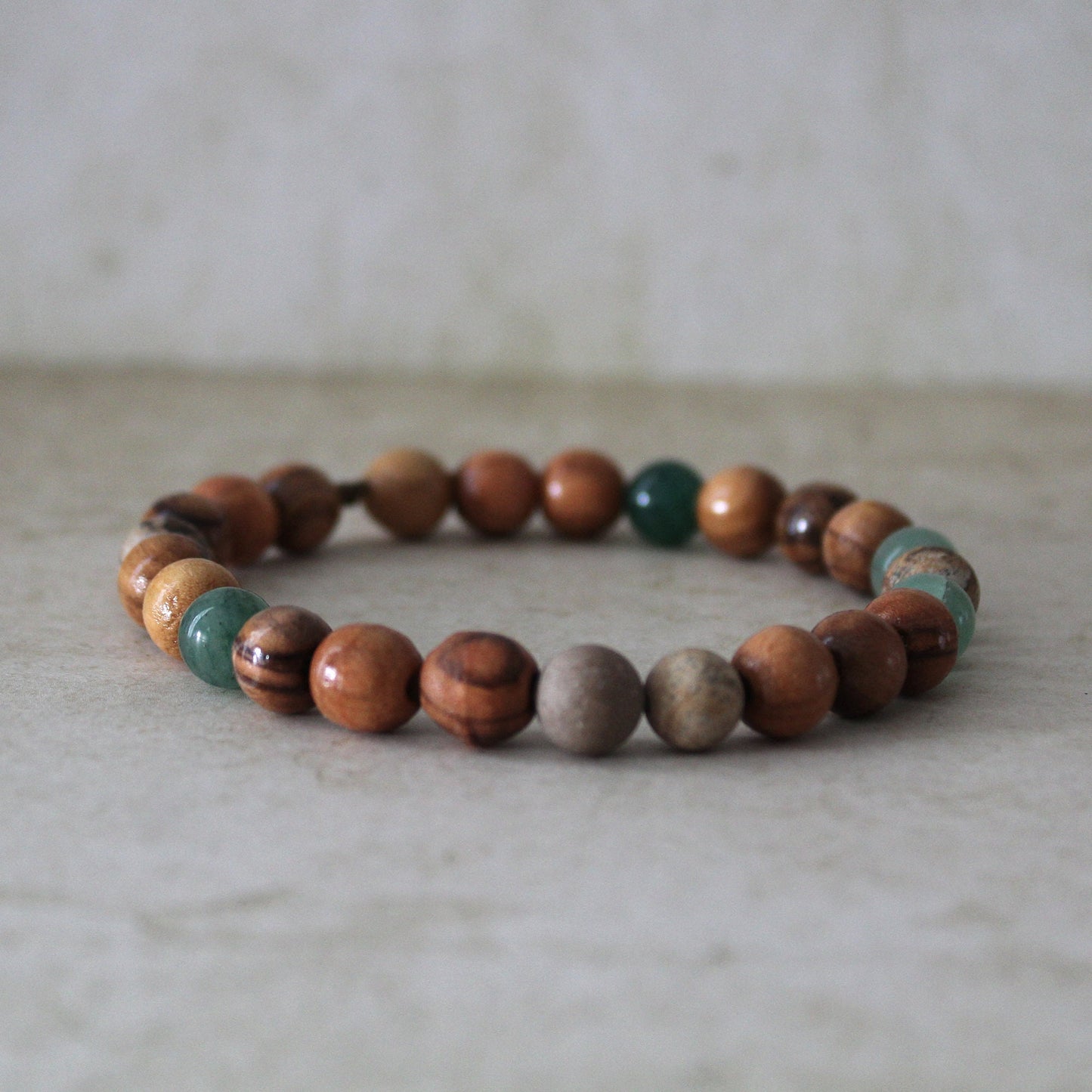 Olive Wood and Jasper Earthy Stretch Bracelet with Greenish Jade Beads - Handcrafted Judaica Jewelry from Israel